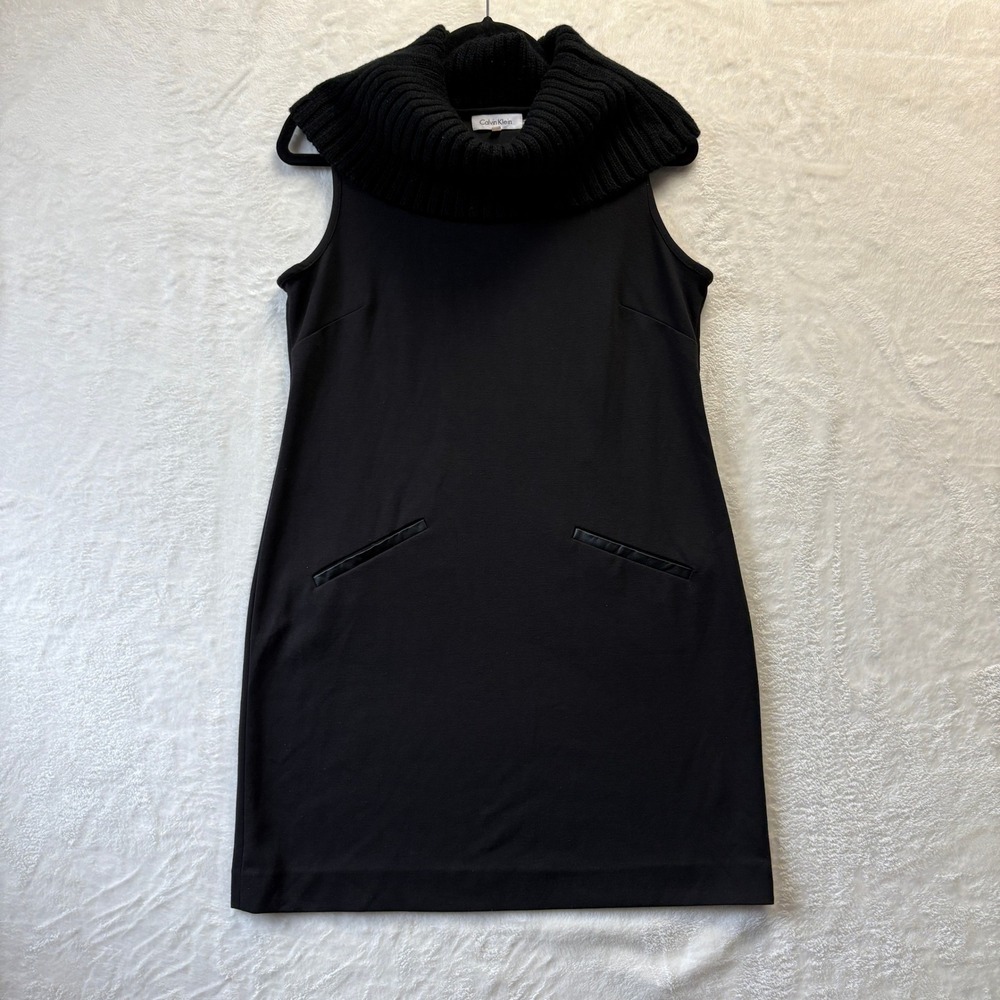Calvin Klein Dress Women Sz Small Black Sleeveless Sheath Cowl Sweater Neck‎